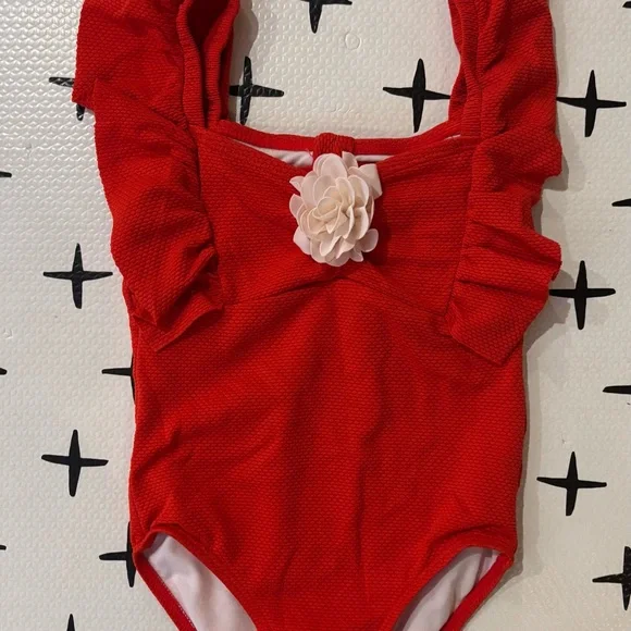 Janie and Jack Red One-Piece Swimsuit with Flower Accent - Picture 3 of 4